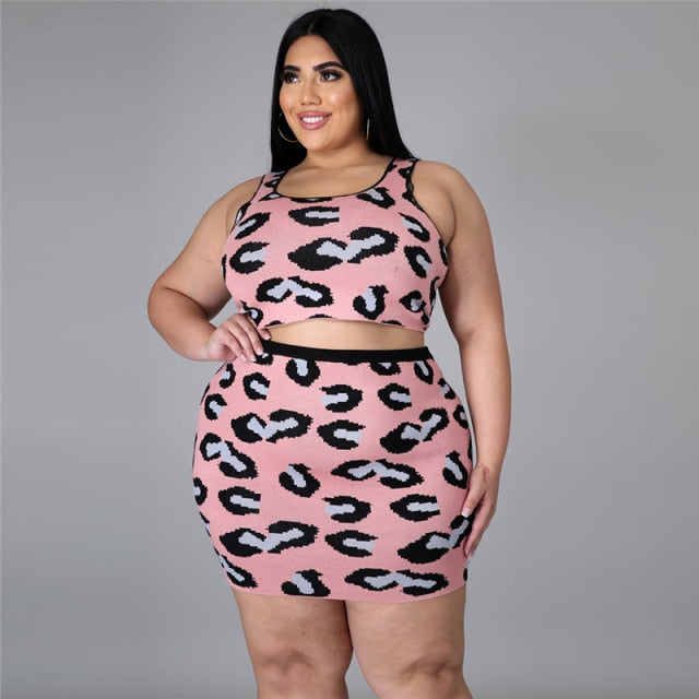 Plus size women Casual print two piece set crop top and mini skirt