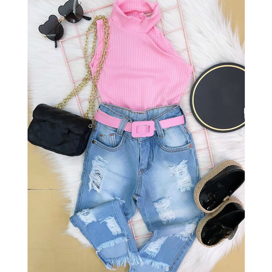 Girls Clothes Sets 2pcs Off Shoulder Halter Solid Tops Hole Blue Denim Pants