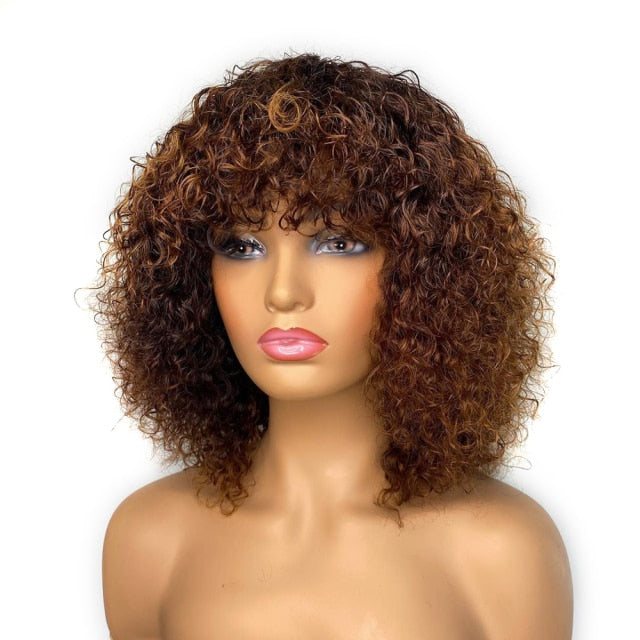 Short Curly Bob With Bangs Peruvian Remy Human Hair Wigs