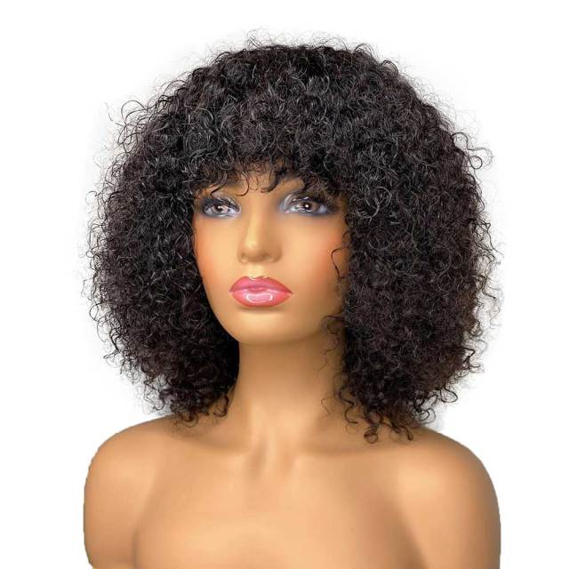 Short Curly Bob With Bangs Peruvian Remy Human Hair Wigs