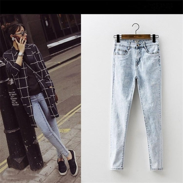 Women's  Denim Trousers High Street Fashion Slim Fit Cotton Pencil Pants Mid Waist Jeans