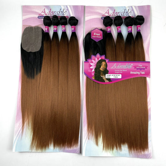 Deep Brown Color Yaki Straight Synthetic Bundles With Lace Closure