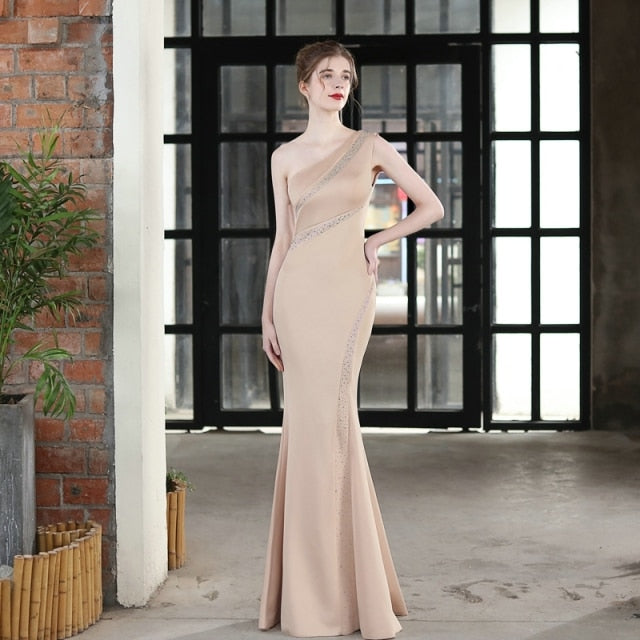 Women Soft Satin Crystal Party Maxi Dress Long Prom Dress