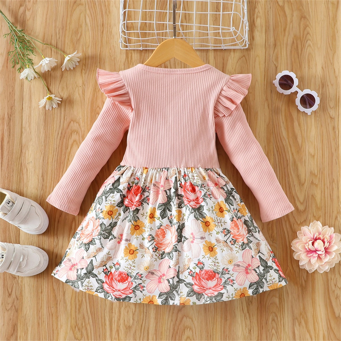 Toddler Girl Floral Print Stitching Ribbed Ruffled Button  Long-sleeve Dress