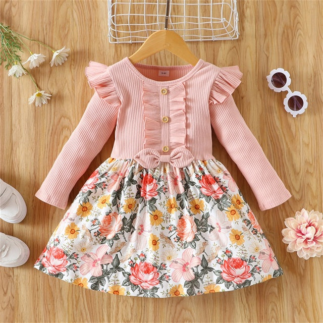 Toddler Girl Floral Print Stitching Ribbed Ruffled Button  Long-sleeve Dress