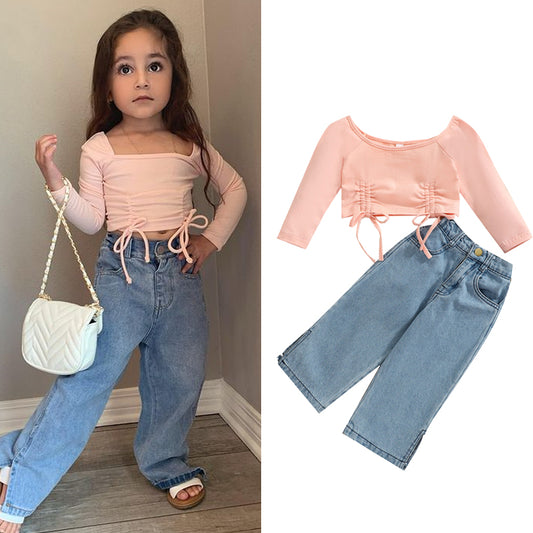 Kids Girls Clothes Sets Solid Off Shoulder Long Sleeve T Shirts Tops Denim Pants