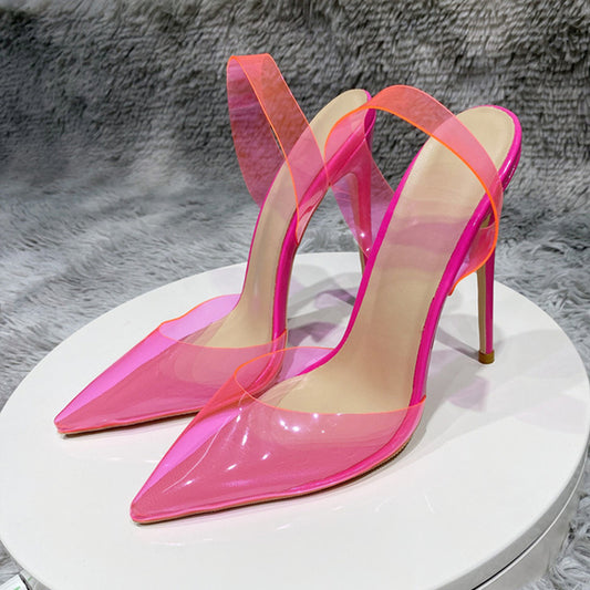 Transparent Fuchsia Pink Women PVC Pointy Toe High Heel Shoes
