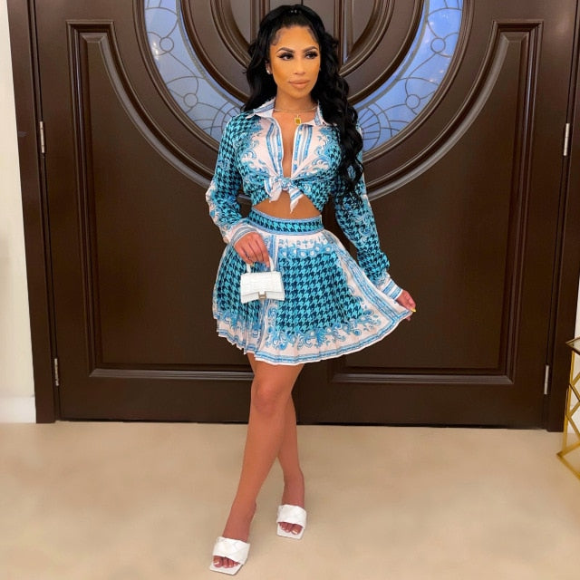 Fashion Ladies Dress Printed Long Sleeve  2-piece Set