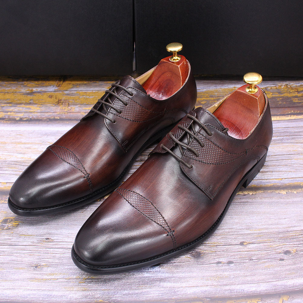 Genuine Calf Leather Handmade Brown Blue Lace Up Pointed Toe Formal Shoes