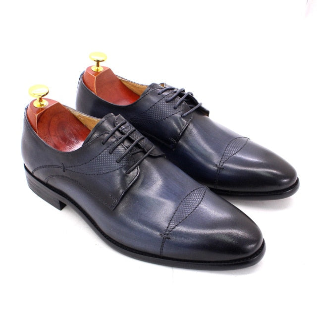 Genuine Calf Leather Handmade Brown Blue Lace Up Pointed Toe Formal Shoes