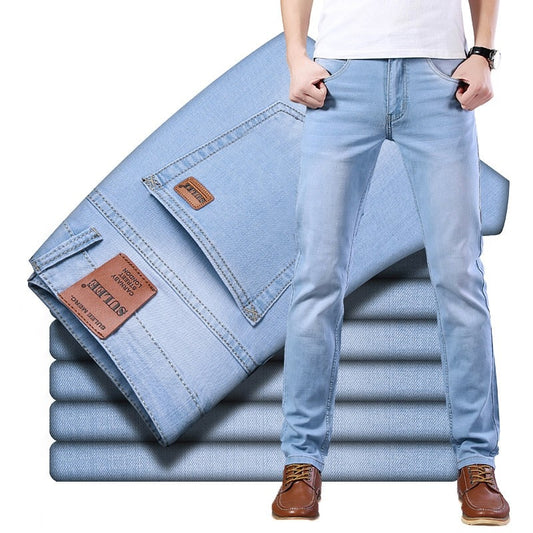 Men Spring Summer Jeans Business Casual Light Blue Stretch Cotton Jeans