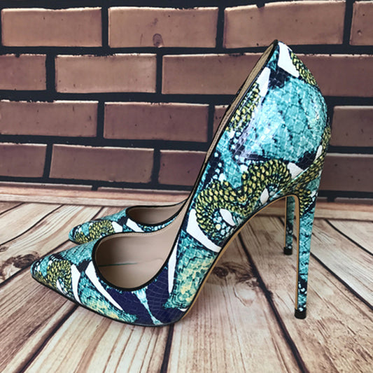 Foral Crocodile Effect Women Pointed Toe Super High Heels Shoes
