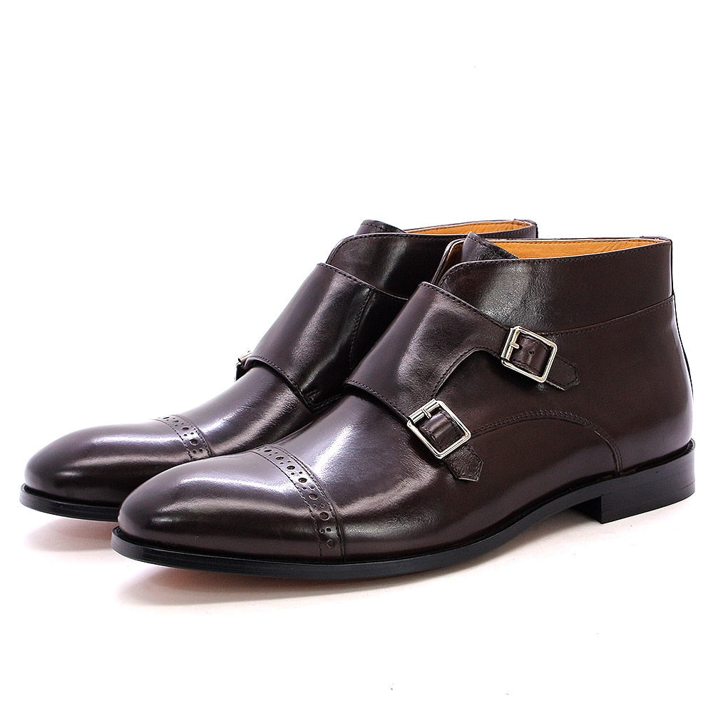 Mens Ankle Boots Genuine Calf Leather Double Buckles Monk Strap Basic Boots