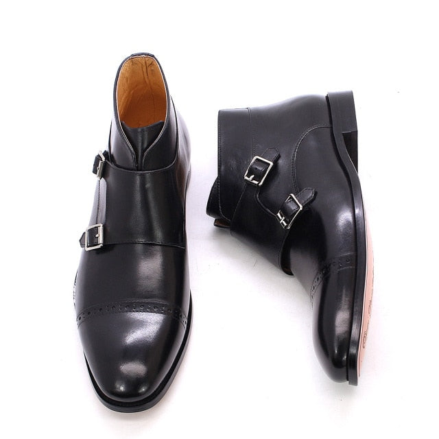 Mens Ankle Boots Genuine Calf Leather Double Buckles Monk Strap Basic Boots