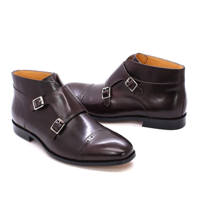 Mens Ankle Boots Genuine Calf Leather Double Buckles Monk Strap Basic Boots