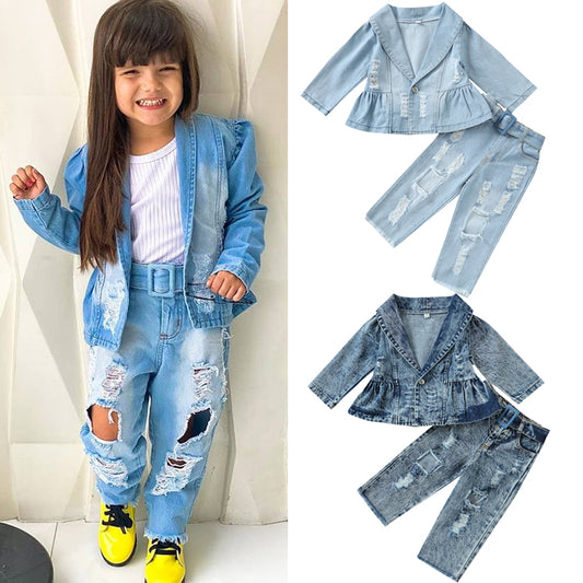 Girls Denim Lapel Long Sleeve Button Jacket+Frayed Ripped Jeans With Belt 2 Colors