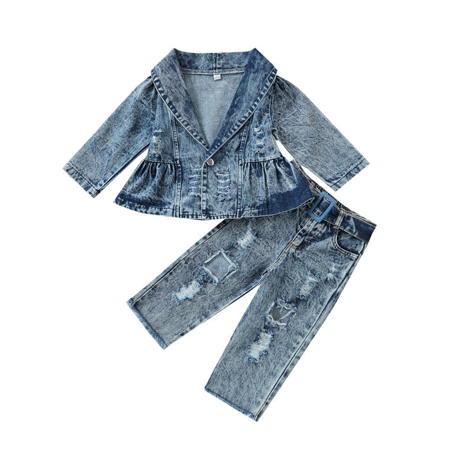 Girls Denim Lapel Long Sleeve Button Jacket+Frayed Ripped Jeans With Belt 2 Colors