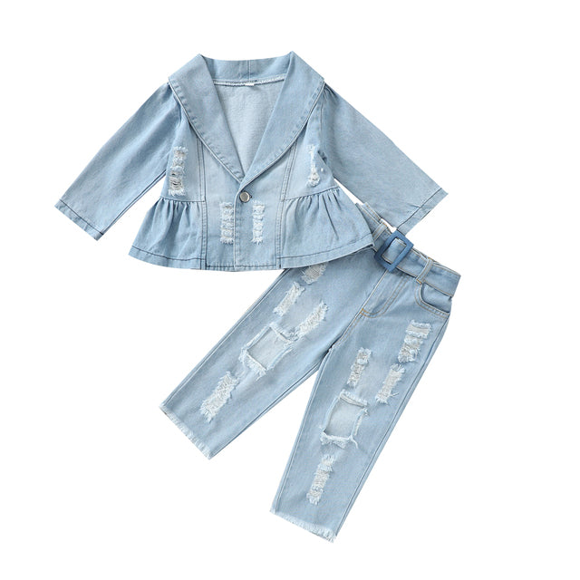 Girls Denim Lapel Long Sleeve Button Jacket+Frayed Ripped Jeans With Belt 2 Colors