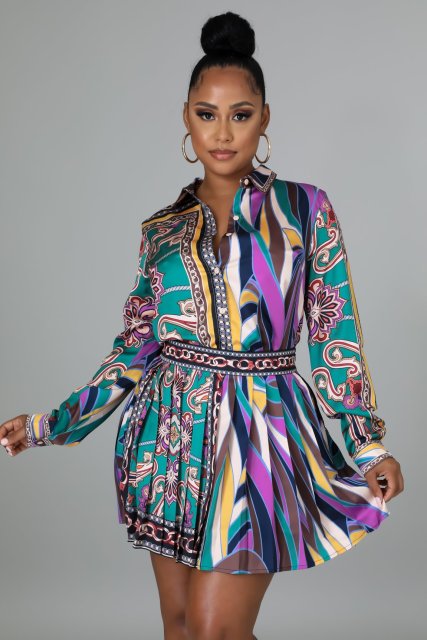 Fashion Ladies Dress Printed Long Sleeve  2-piece Set
