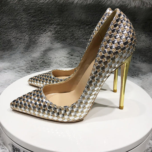 Shiny Plaid Chic Women High Heels Bling Party Dress Shoes