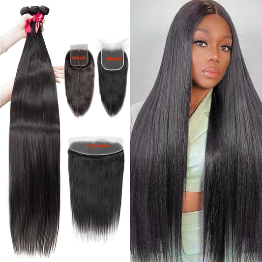 Straight Human Hair Bundles With Closure Brazilian Hair