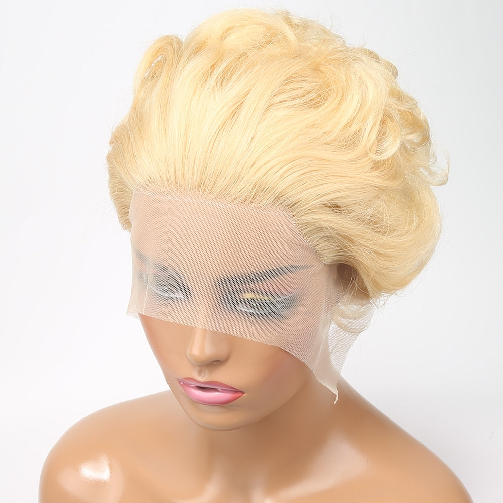 613 Blonde Wig 13X1 Transparent Lace Wig Pixie Cut Wig Short Curly Human Hair