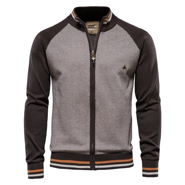 Spliced Zipper Cardigan Men Streetwear Casual High Quality Cotton Sweater