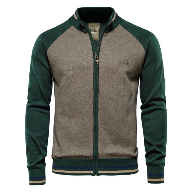 Spliced Zipper Cardigan Men Streetwear Casual High Quality Cotton Sweater