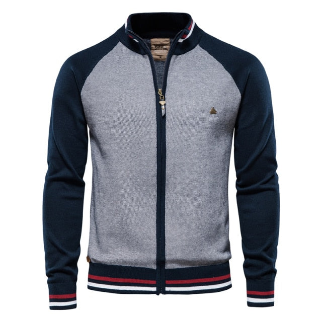 Spliced Zipper Cardigan Men Streetwear Casual High Quality Cotton Sweater