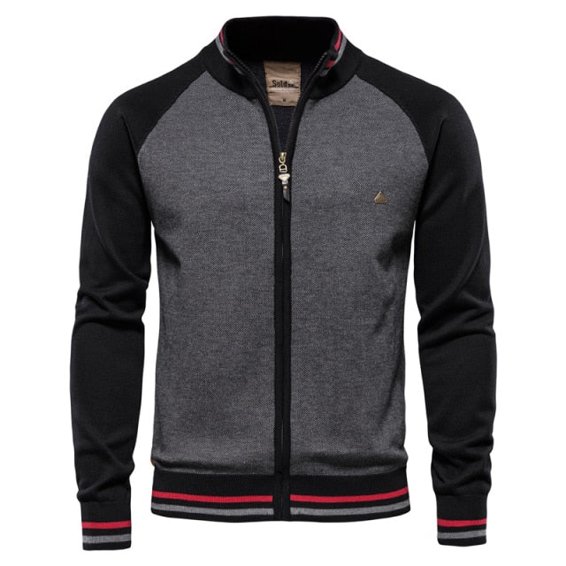 Spliced Zipper Cardigan Men Streetwear Casual High Quality Cotton Sweater