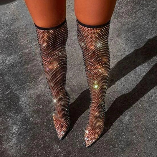 High Heels Shoes Female Crystal Fishnet Mesh Nightclub Shoes