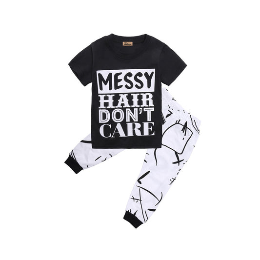 Boys Girls Cotton Short Sleeve O-Neck Pullover Letter Black Shirt Tops Geometric Pants