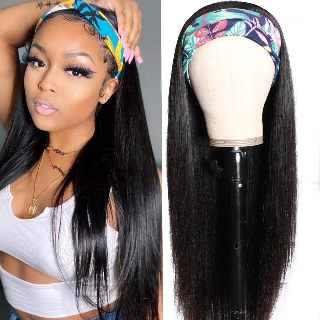 Headband Peruvian Remy Human Hair Pre-Attached Scarf Machine Made Wig