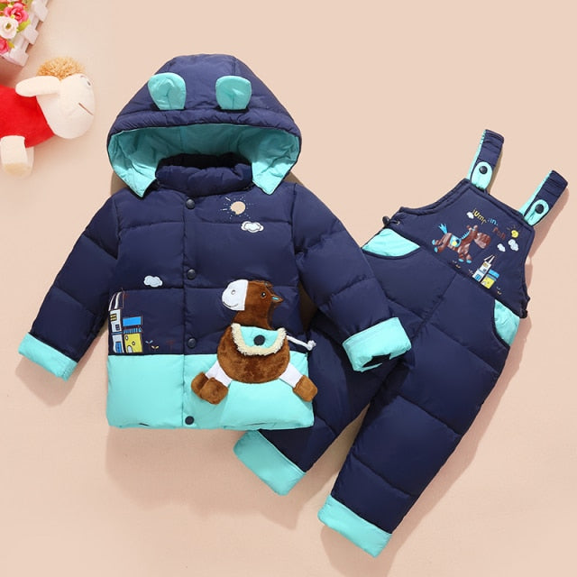 2Pcs Set Baby Girl Clothes Winter Cartoon Children's Down Jacket Hooded Warm Boy Snowsuit