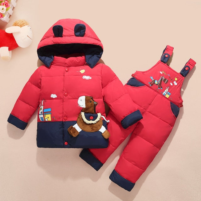 2Pcs Set Baby Girl Clothes Winter Cartoon Children's Down Jacket Hooded Warm Boy Snowsuit