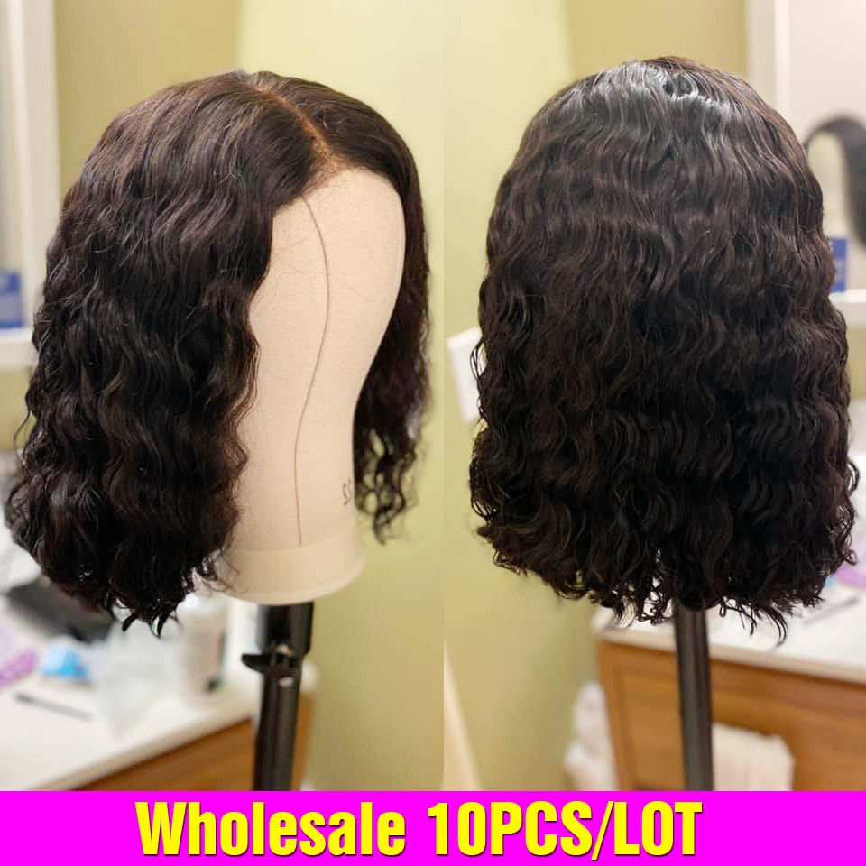 10pcs/Lot Short Bob Wig Deep Wave Frontal Wig Brazilian Hair Wigs 4x4 Lace Closure