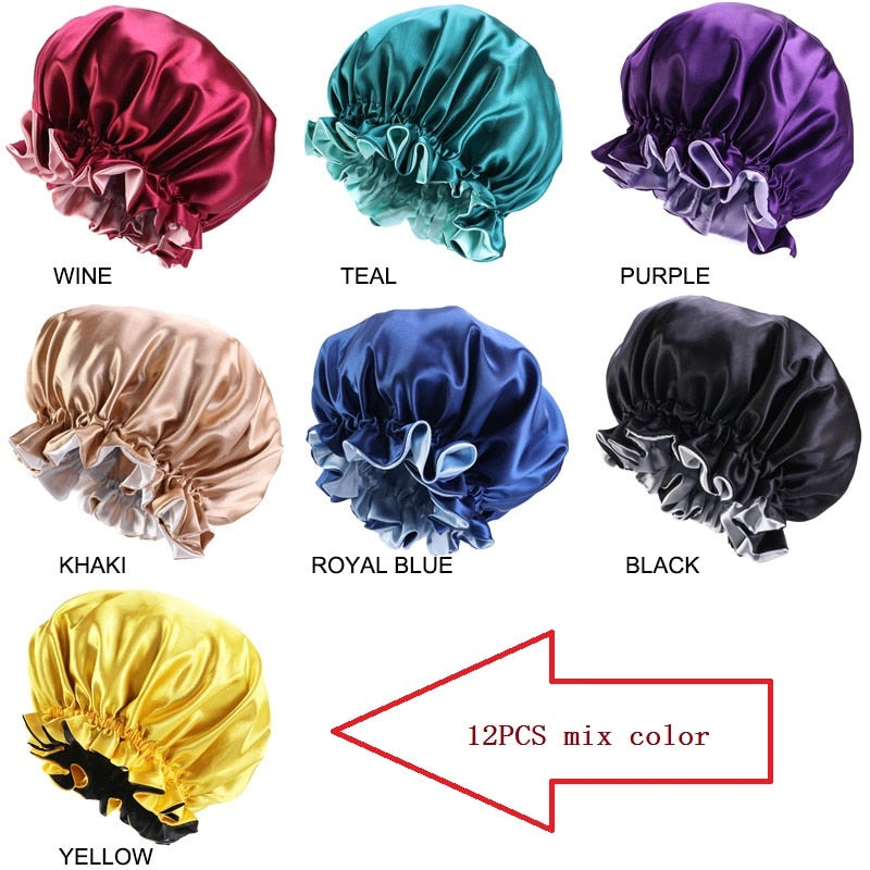 12 Pcs Wholesale Solid Women Satin Bonnet Stain Silky