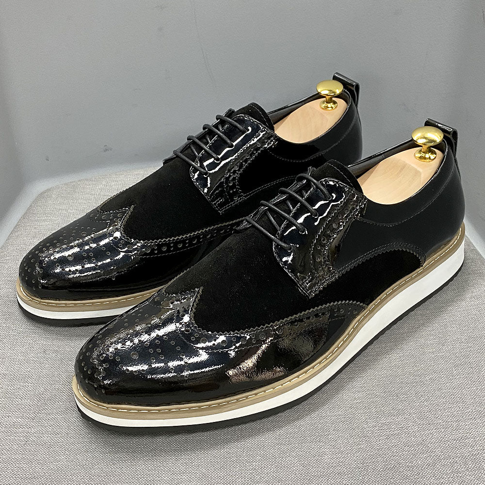 Mens Business Casual Shoes Patent Leather Suede Wingtip Brogue Oxfords Black Flat Shoes