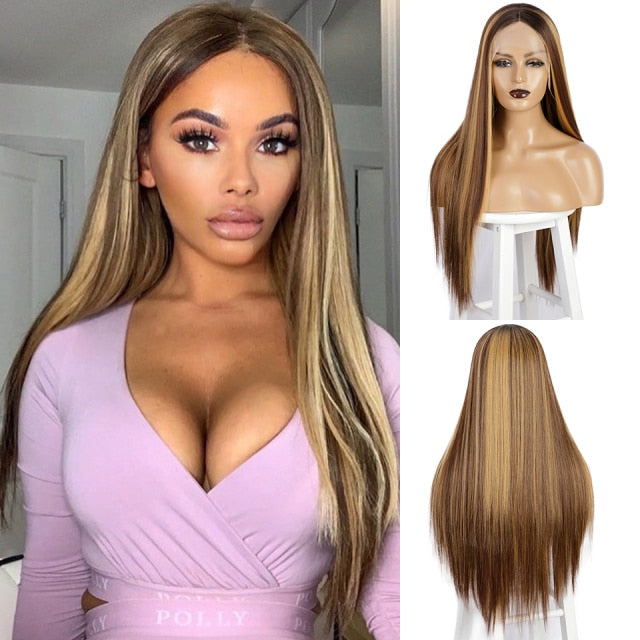 Lace Front Synthetic Wig Long Straight Copper Red T-part Lace Wig