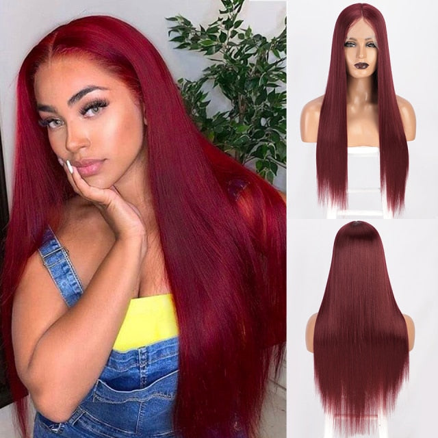 Lace Front Synthetic Wig Long Straight Copper Red T-part Lace Wig