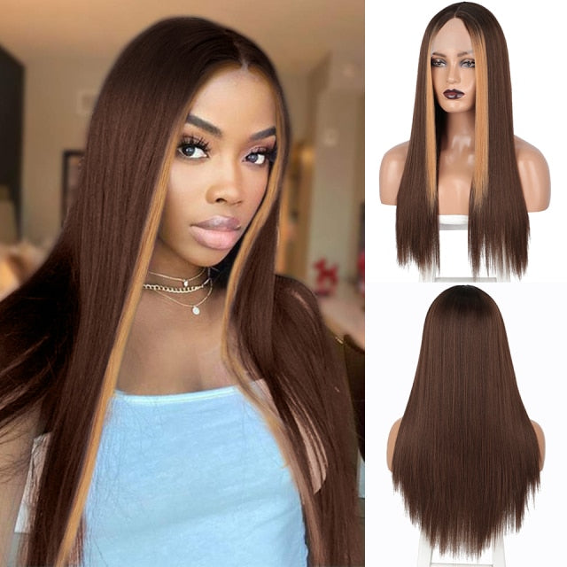 Lace Front Synthetic Wig Long Straight Copper Red T-part Lace Wig