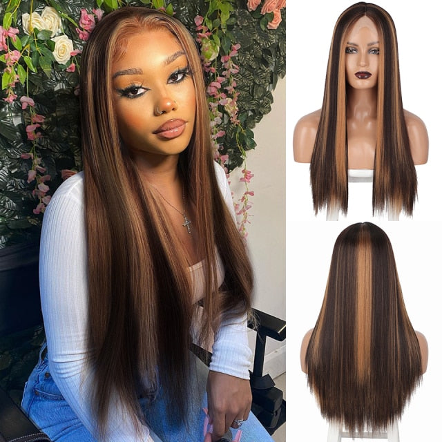 Lace Front Synthetic Wig Long Straight Copper Red T-part Lace Wig