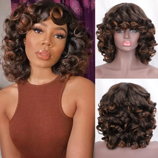 Short Curly Afro Wig with Bangs Dark Brown Black Hair Synthetic Wigs