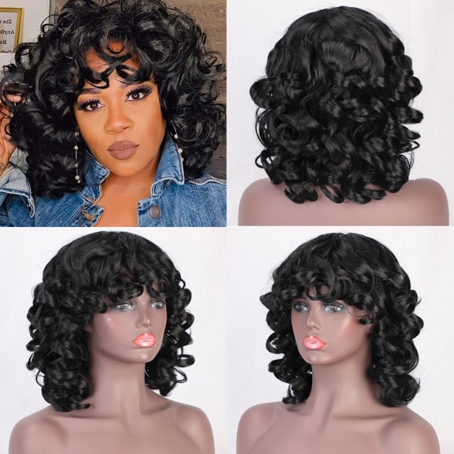 Short Curly Afro Wig with Bangs Dark Brown Black Hair Synthetic Wigs