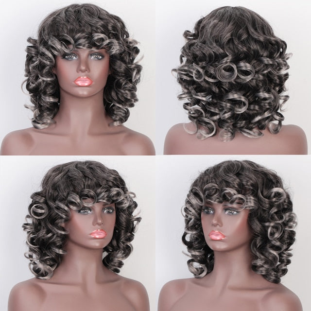 Short Curly Afro Wig with Bangs Dark Brown Black Hair Synthetic Wigs