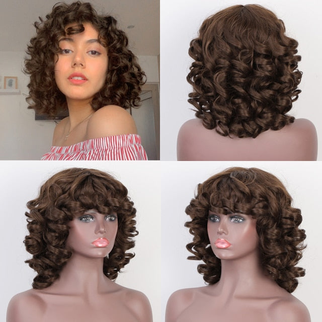 Short Curly Afro Wig with Bangs Dark Brown Black Hair Synthetic Wigs