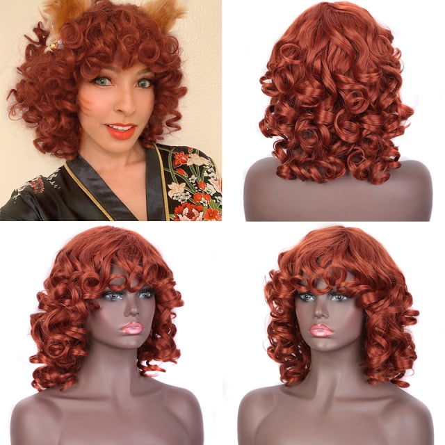 Short Curly Afro Wig with Bangs Dark Brown Black Hair Synthetic Wigs