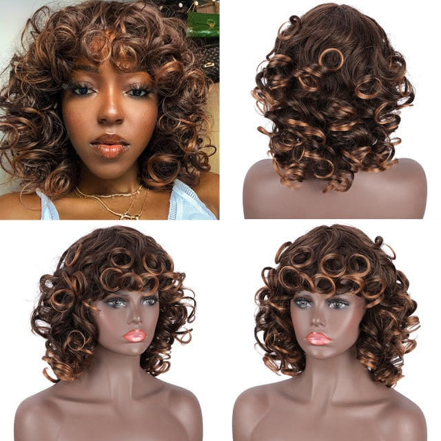 Short Curly Afro Wig with Bangs Dark Brown Black Hair Synthetic Wigs