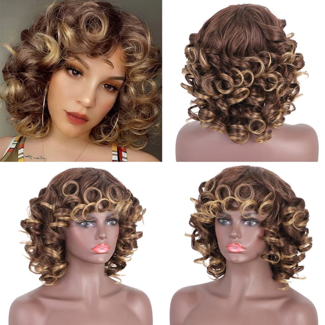 Short Curly Afro Wig with Bangs Dark Brown Black Hair Synthetic Wigs