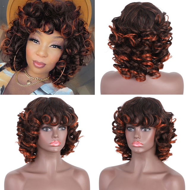 Short Curly Afro Wig with Bangs Dark Brown Black Hair Synthetic Wigs